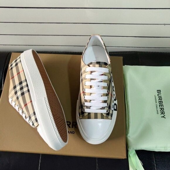 Burberry Logo Print Vintage Check Cotton Sneakers Archive Beige - Picture 2 of 7